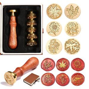 6pcs Wax Seal Stamp Set with Gift Box, Sealing Copper Stamps + 1 Wooden Handle,